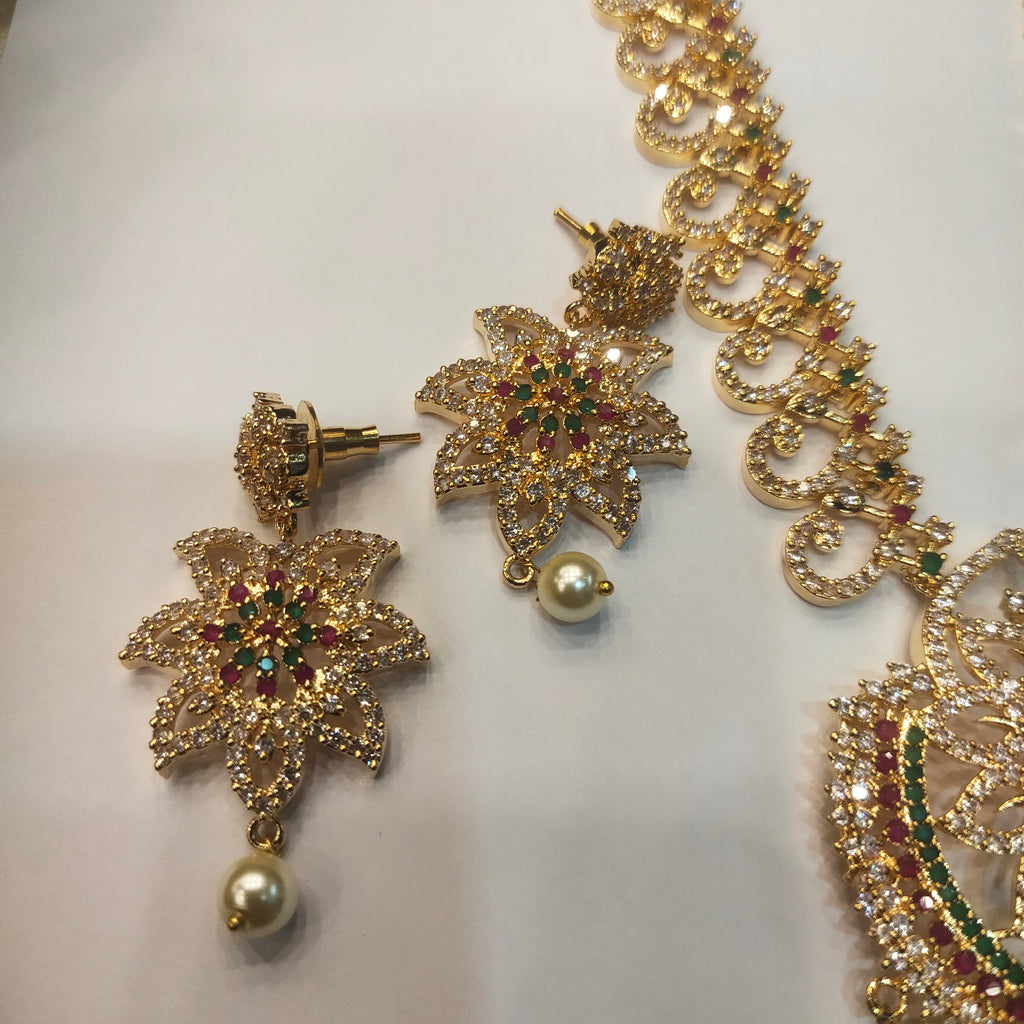 CZ Gold Plated Long Necklace Set - Luxury Bridal Wedding Jewelry