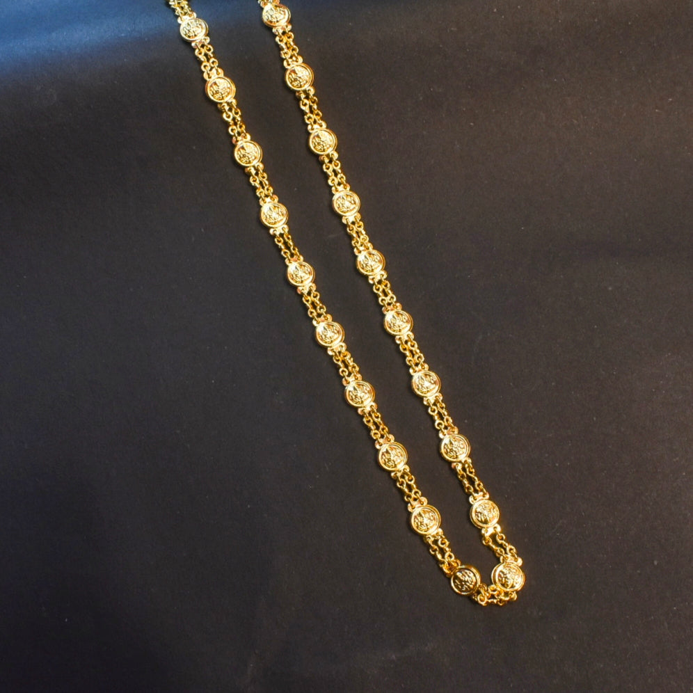 24K Gold Plated Two Rows Lakshmi Kasu Chain - Double Layer Temple Necklace