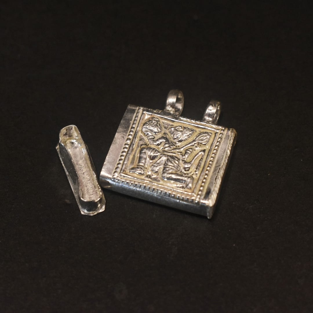 Pure Silver Hanuman Amulet Prayer Box - Square Tabij with Hanuman Idol