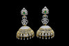 CZ Gold & Silver Long Scroll Jhumka Earrings with Dangling Drops | Ruby & Emerald