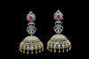 CZ Gold & Silver Long Scroll Jhumka Earrings with Dangling Drops | Ruby & Emerald