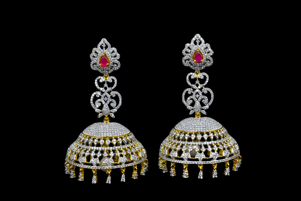 CZ Gold & Silver Long Scroll Jhumka Earrings with Dangling Drops | Ruby & Emerald