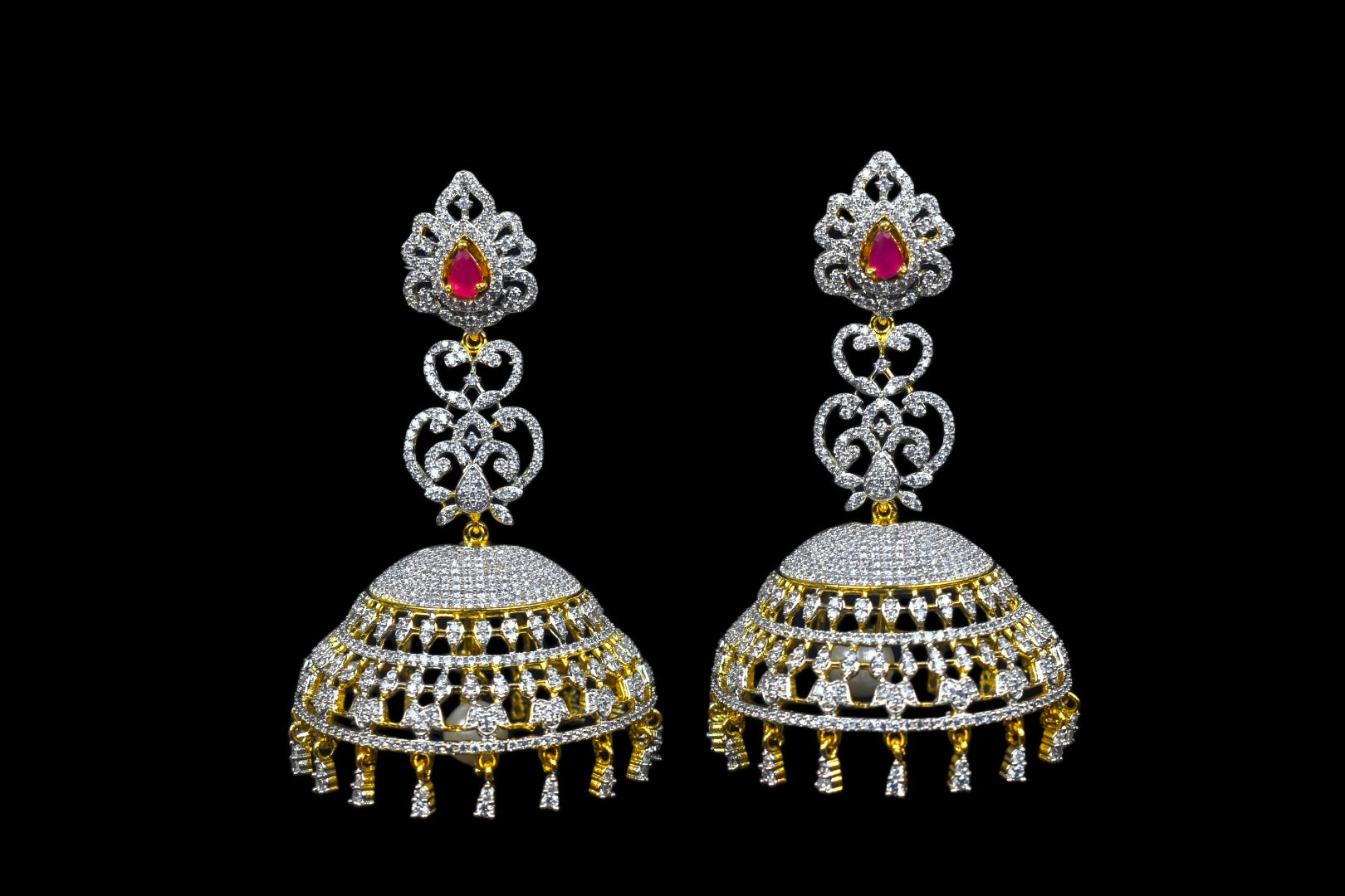 CZ Gold & Silver Long Scroll Jhumka Earrings with Dangling Drops | Ruby & Emerald
