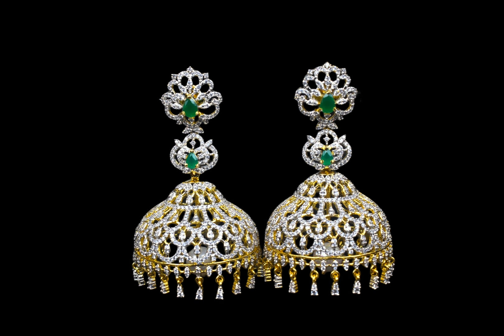 Diamond Jhumka Earrings | Gold Plated with Ruby & Emerald | Bridal Jhumka