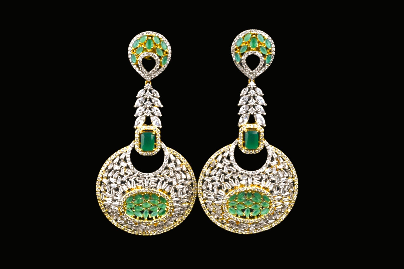 CZ Baguette Disc Chandelier Earrings | Colour Stone Cluster | White, Green & Pink | Diamond Finish
