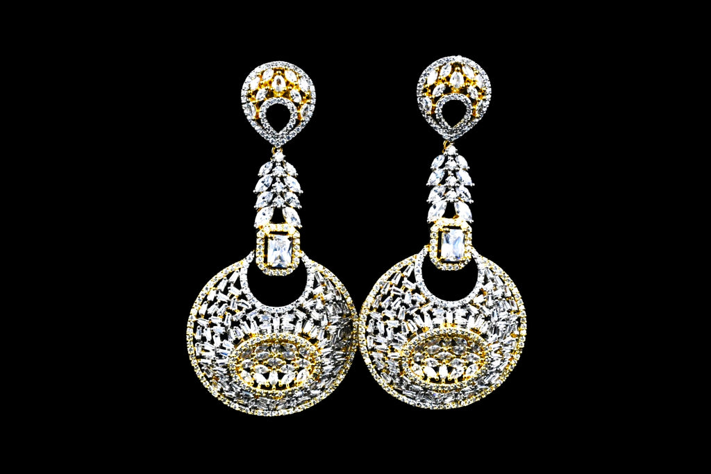 CZ Baguette Disc Chandelier Earrings | Colour Stone Cluster | White, Green & Pink | Diamond Finish