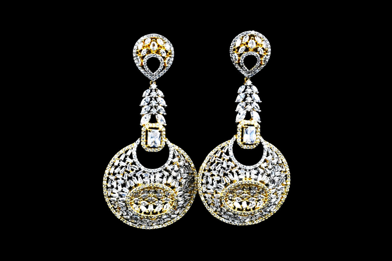 CZ Baguette Disc Chandelier Earrings | Colour Stone Cluster | White, Green & Pink | Diamond Finish