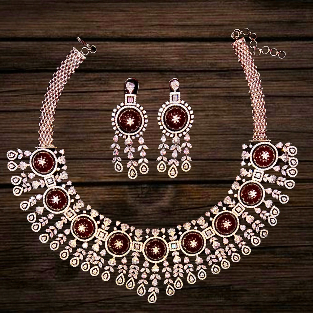 American Diamond With Carved Ruby Flower Stone Necklace Set