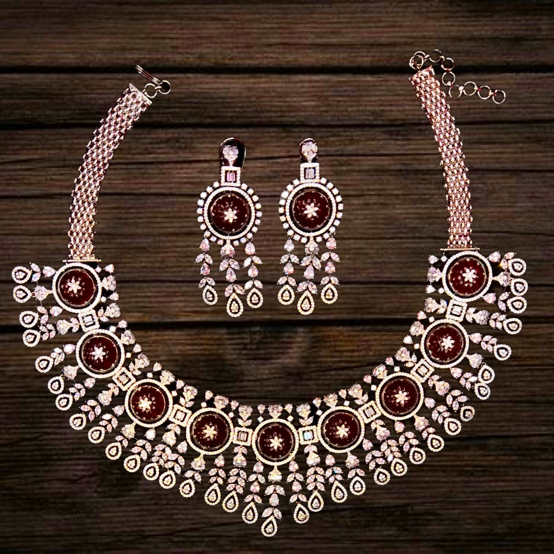 American Diamond With Carved Ruby Flower Stone Necklace Set