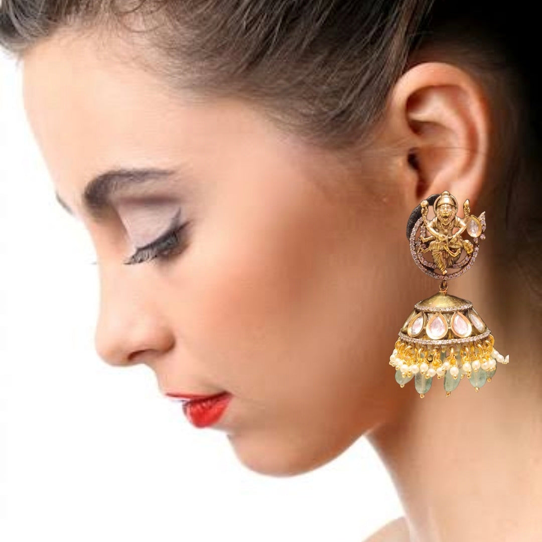 Narsimha Swami Victorian Kundan Jhumka - Emerald Pearl Temple Jewelry