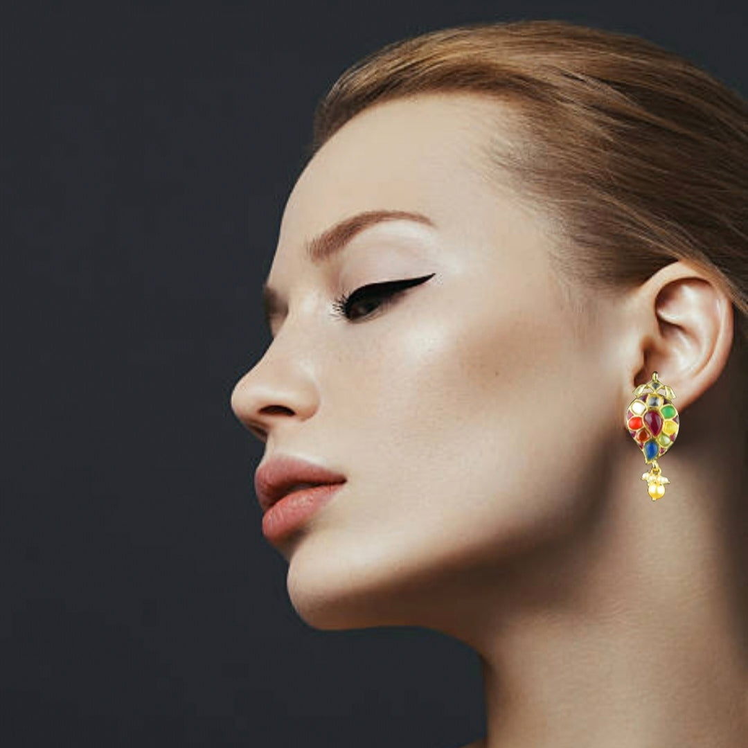 Navratna Mango Studs with Pearls - Traditional Screw Back Earrings