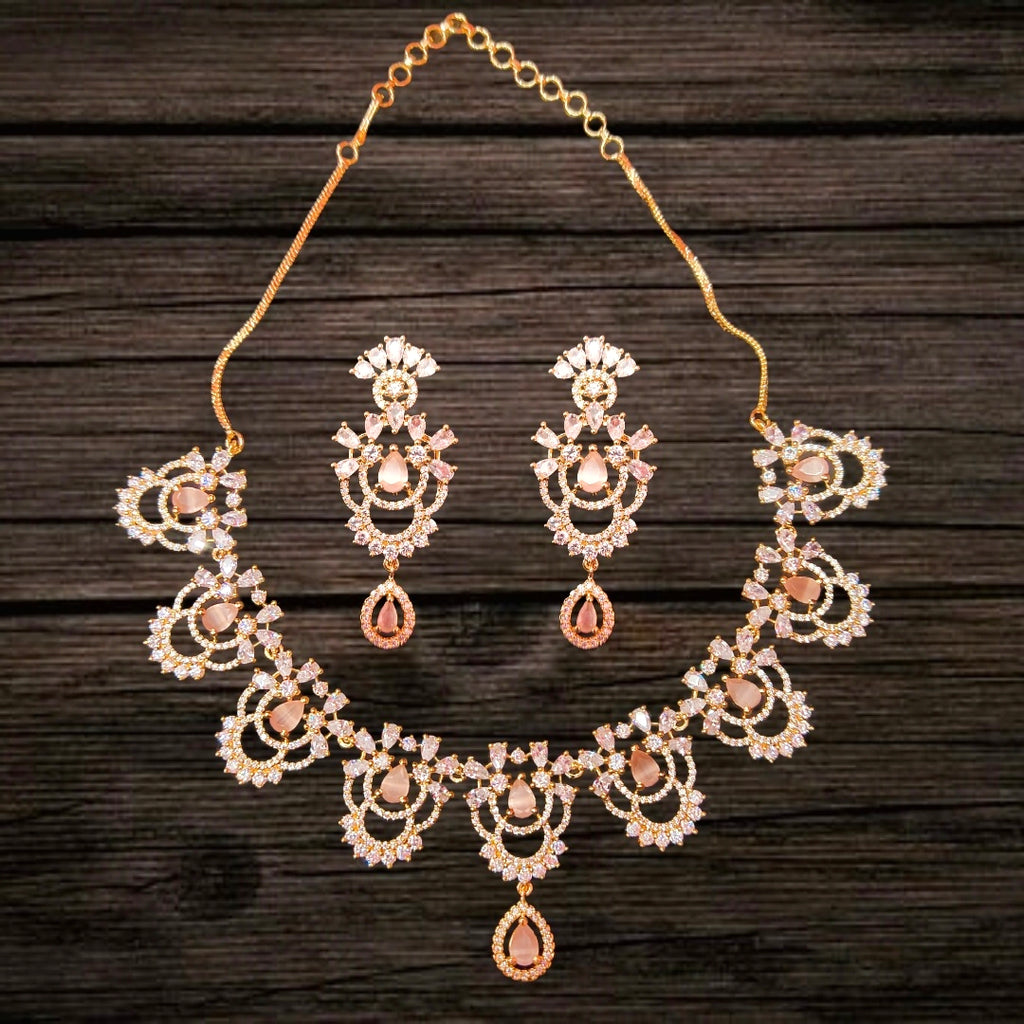 Gold Plated AD Necklace & Earring Set | Honey, Pink & Pastel Green