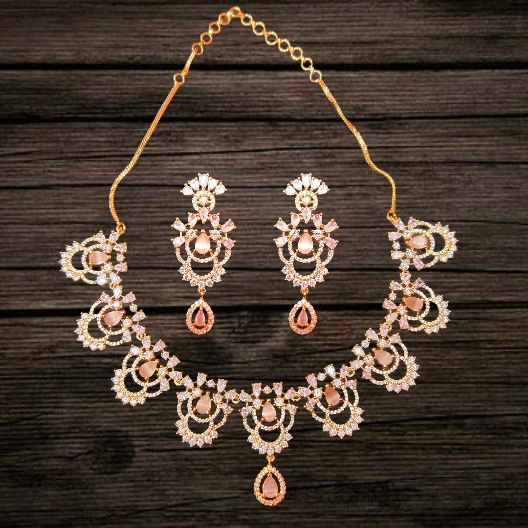 Gold Plated AD Necklace & Earring Set | Honey, Pink & Pastel Green