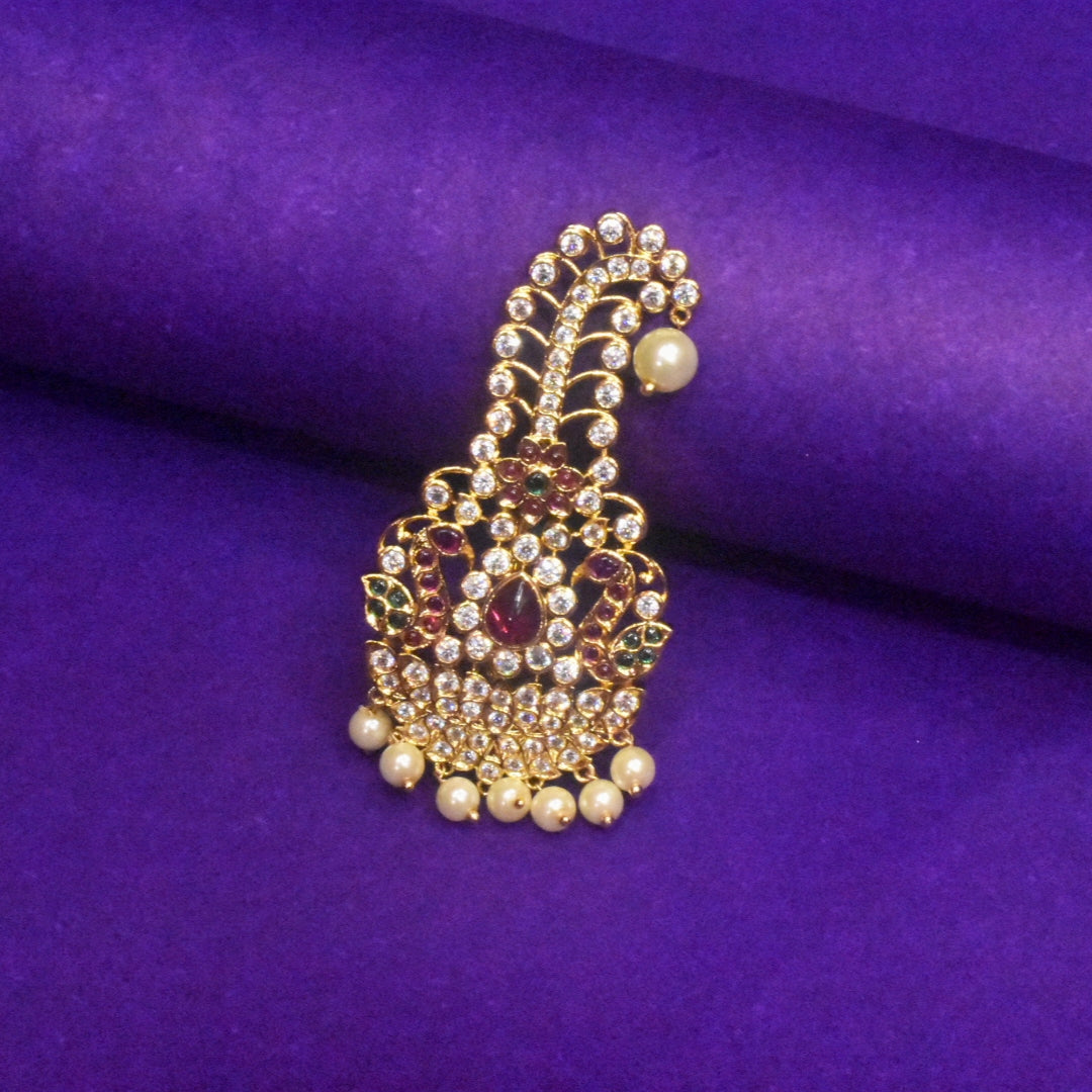 Asp Zircon Kalangi For Groom - 24K Gold Plated Turban Brooch with Pearl Hangings