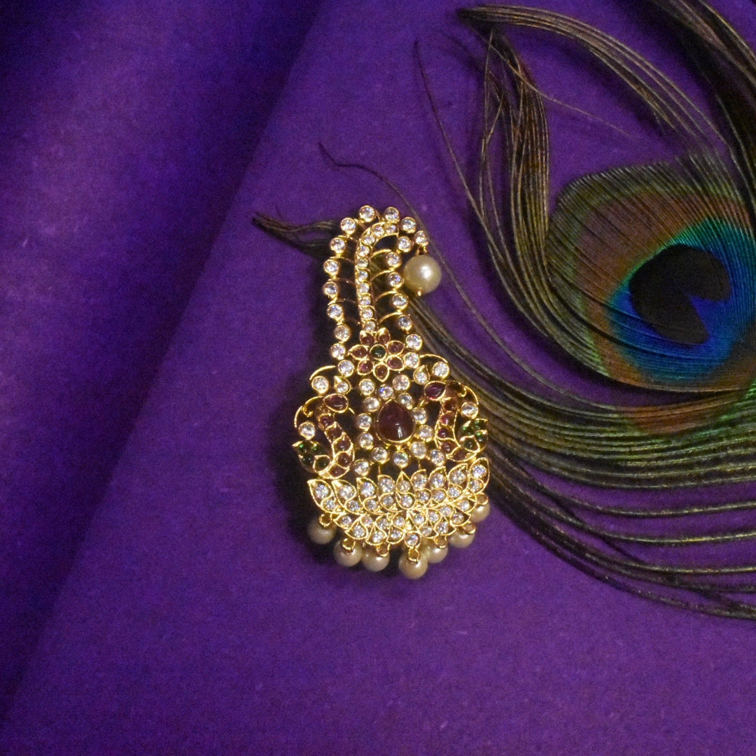 Asp Zircon Kalangi For Groom - 24K Gold Plated Turban Brooch with Pearl Hangings