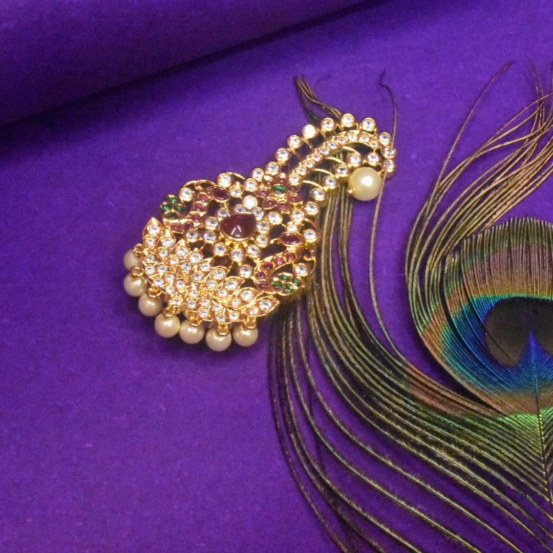 Asp Zircon Kalangi For Groom - 24K Gold Plated Turban Brooch with Pearl Hangings