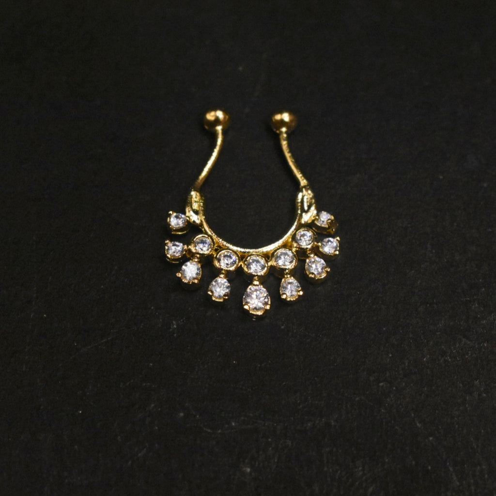 925 Sterling Silver Septum Nose Pin with Round CZ Chandelier - 24K Gold Plated