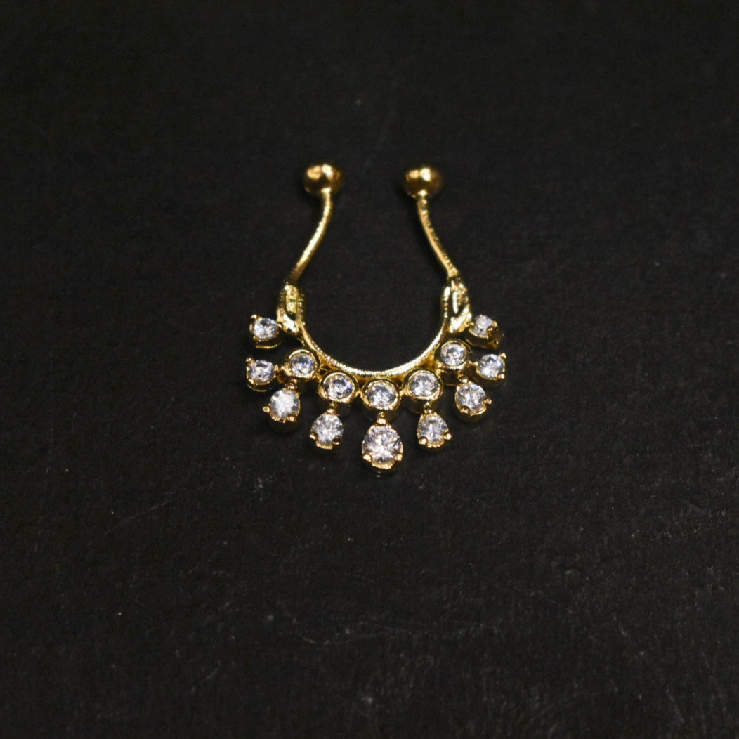 925 Sterling Silver Septum Nose Pin with Round CZ Chandelier - 24K Gold Plated