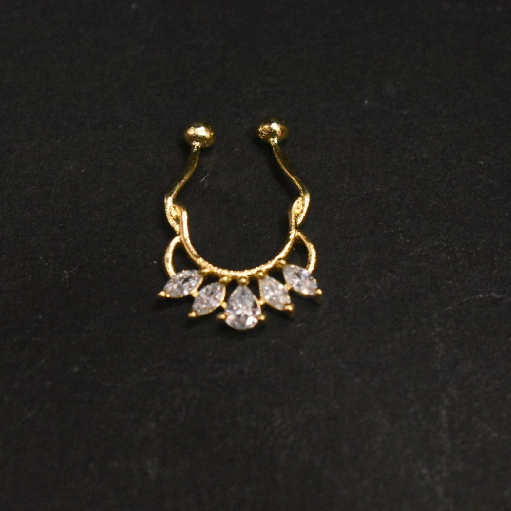 925 Sterling Silver Septum Nose Pin with Marquise CZ Stones - 24K Gold Plated