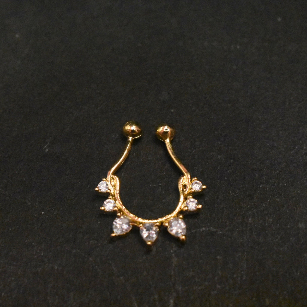 925 Sterling Silver Septum Nose Pin with Pear CZ Stones - 24K Gold Plated