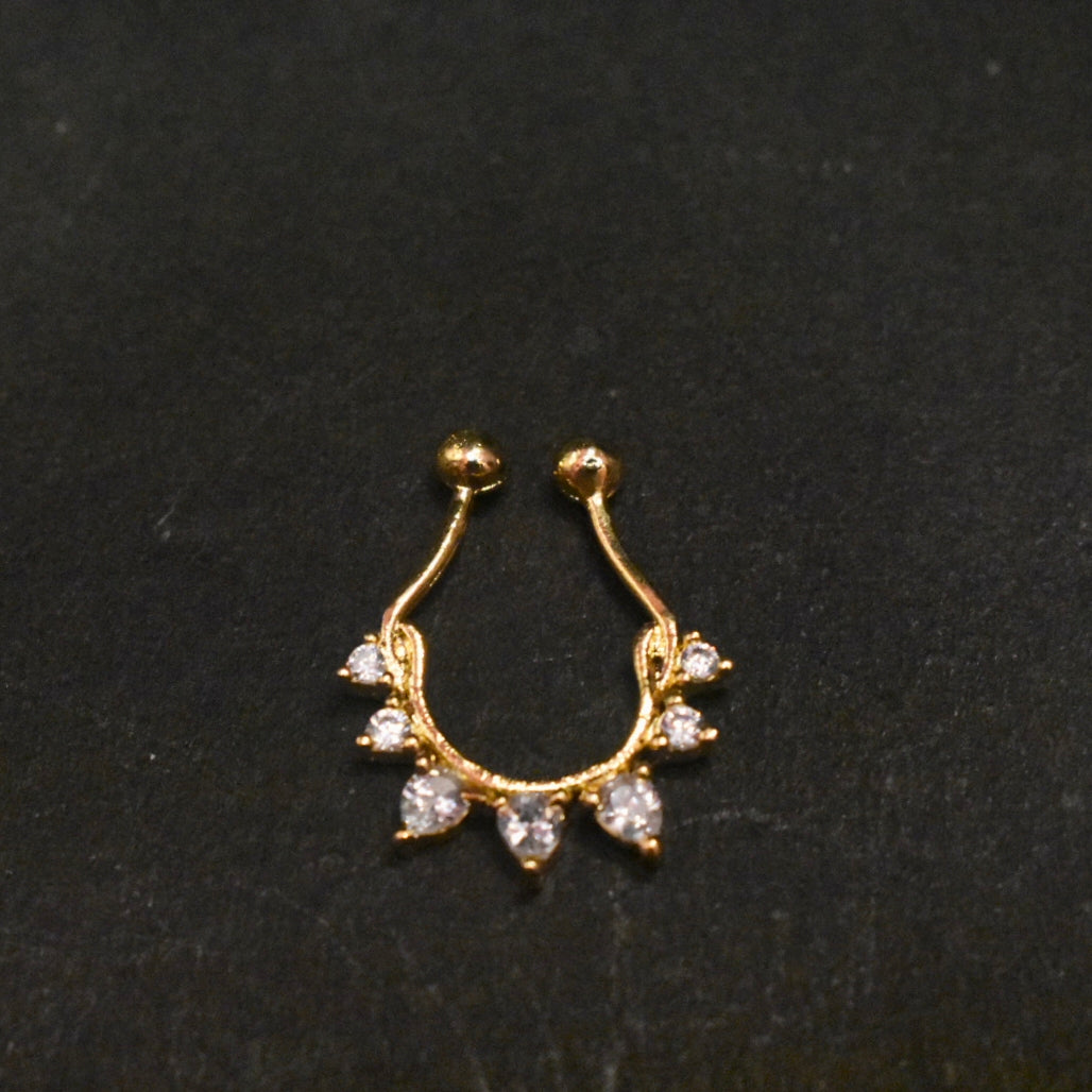925 Sterling Silver Septum Nose Pin with Pear CZ Stones - 24K Gold Plated