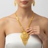 Intricate Gold Plated Temple Long Necklace with Deity Motif and Tassel Fringe Set