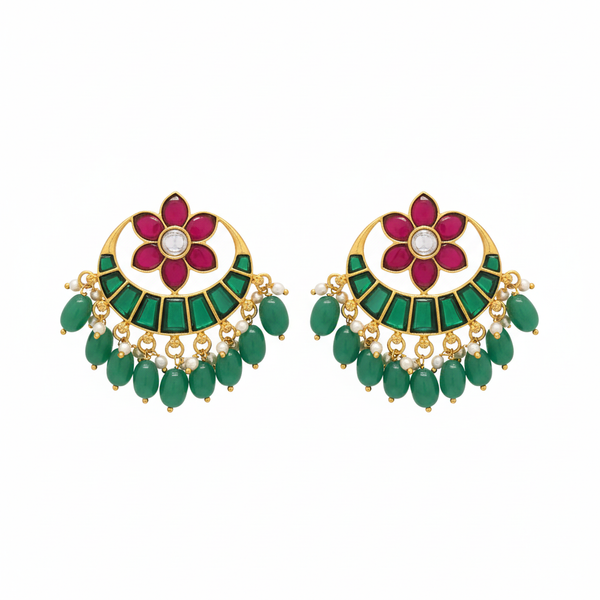 Jadau Kundan Chandbali Earrings | Ruby Pink & Emerald Green | Screw Back | Temple Jewellery