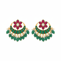Jadau Kundan Chandbali Earrings | Ruby Pink & Emerald Green | Screw Back | Temple Jewellery