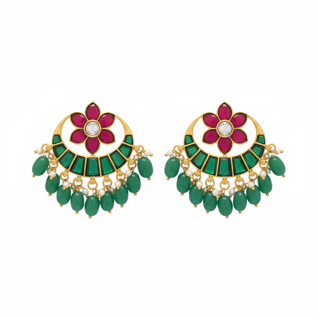 Jadau Kundan Chandbali Earrings | Ruby Pink & Emerald Green | Screw Back | Temple Jewellery