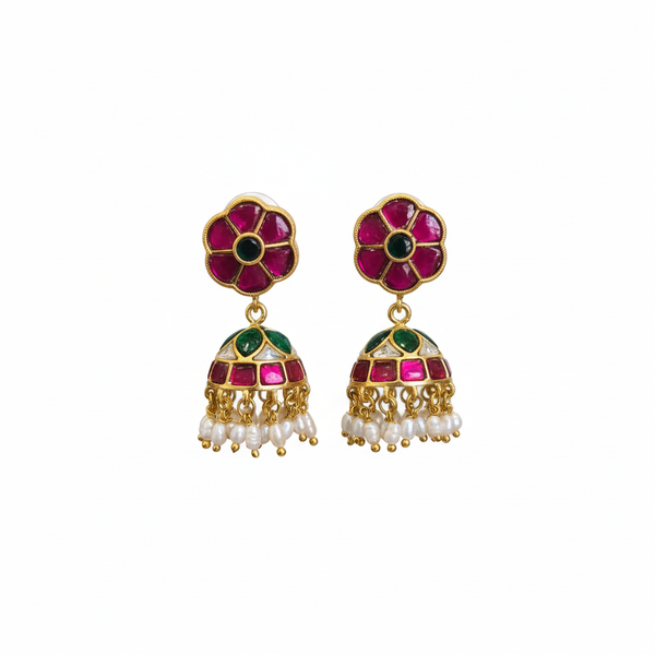 Jadau Kundan Flower Jhumka Earrings - 