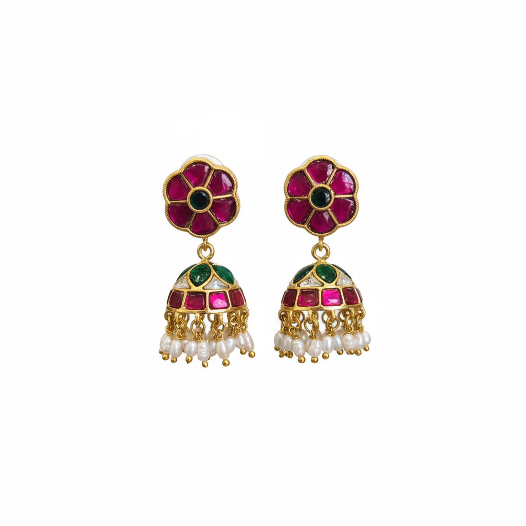 Jadau Kundan Flower Jhumka Earrings - 