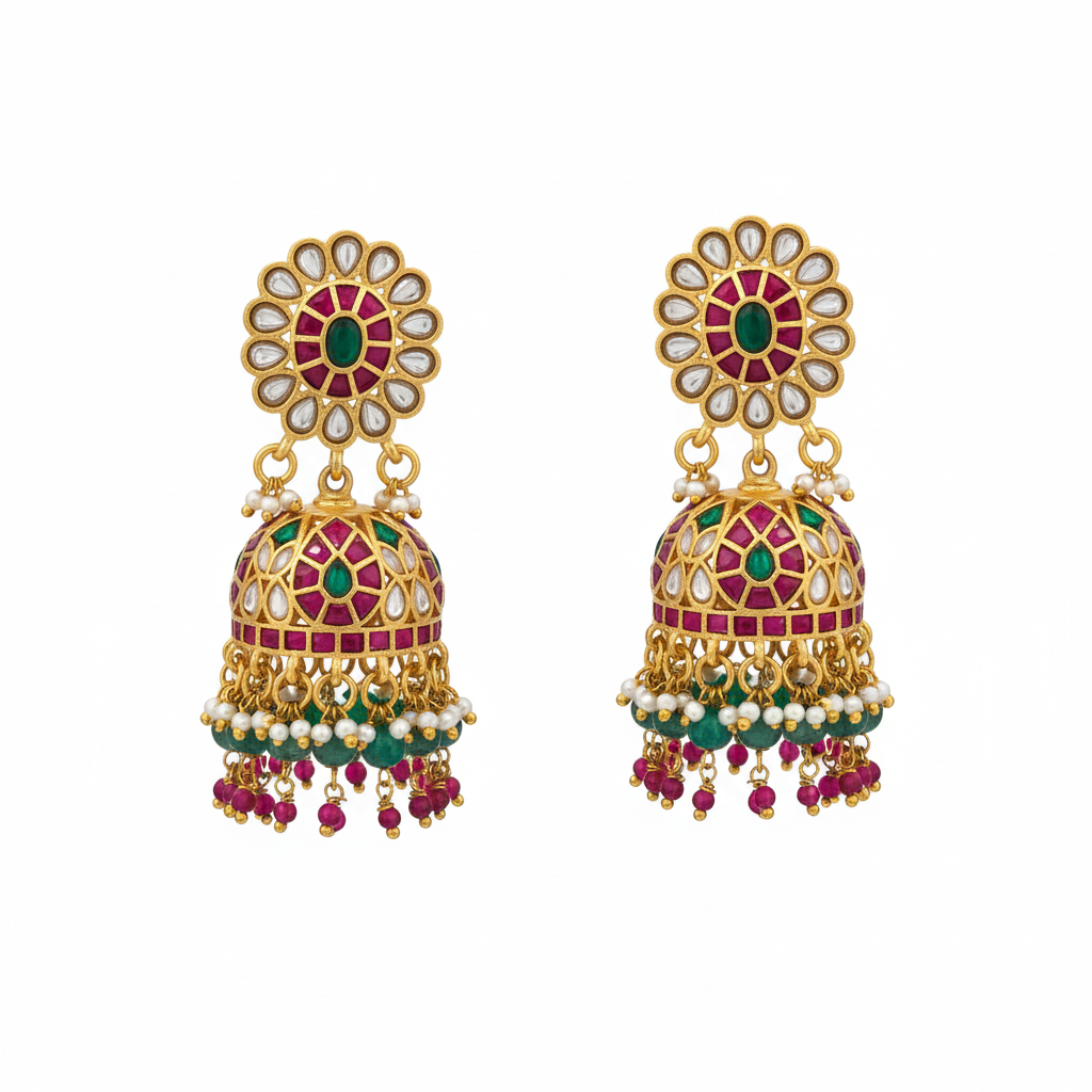 Jadau Kundan Jhumka Earrings with Pearls 24K Gold Plated 