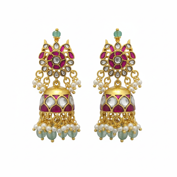 Jadau Kundan Jhumka Earrings with Pearls 24K Gold Plated - Classic Danglers