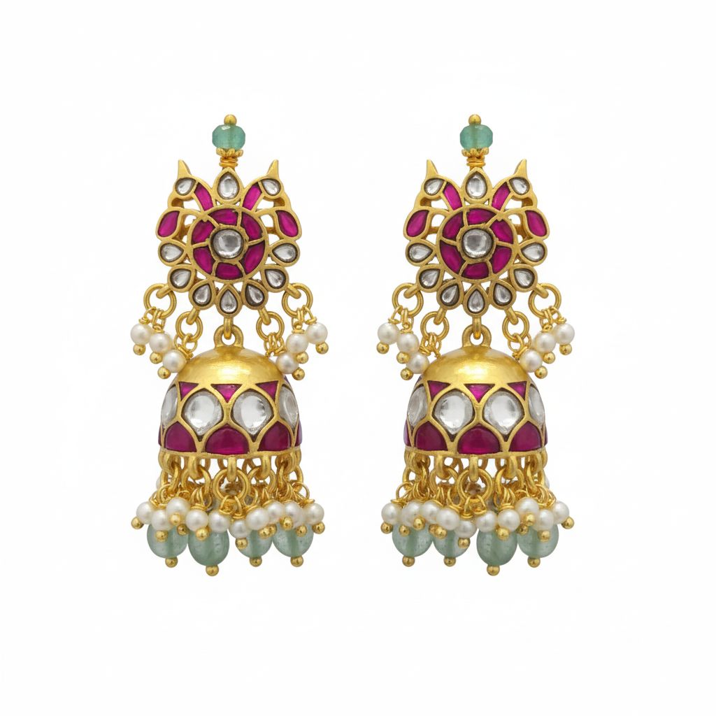 Jadau Kundan Jhumka Earrings with Pearls 24K Gold Plated - Classic Danglers