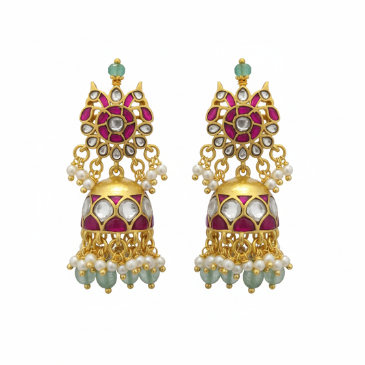 Jadau Kundan Jhumka Earrings with Pearls 24K Gold Plated - Classic Danglers
