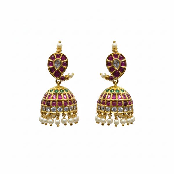 Kempu Emerald CZ Jhumka with Pearl Drops 