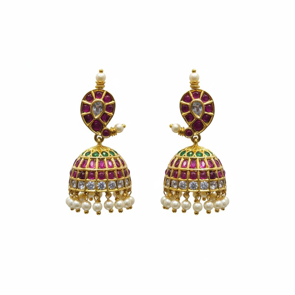 Kempu Emerald CZ Jhumka with Pearl Drops 