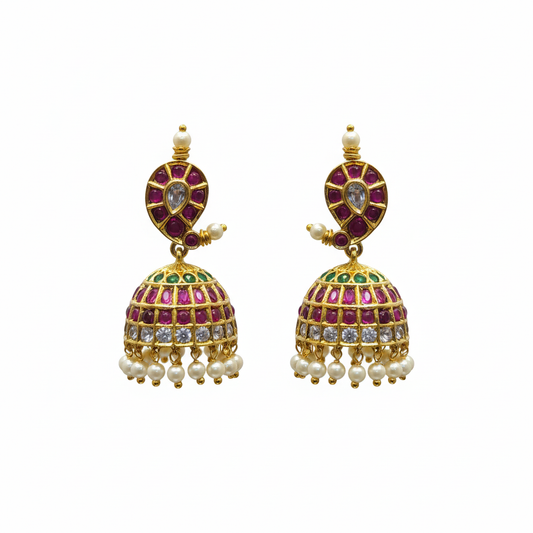 Kempu Emerald CZ Jhumka with Pearl Drops 