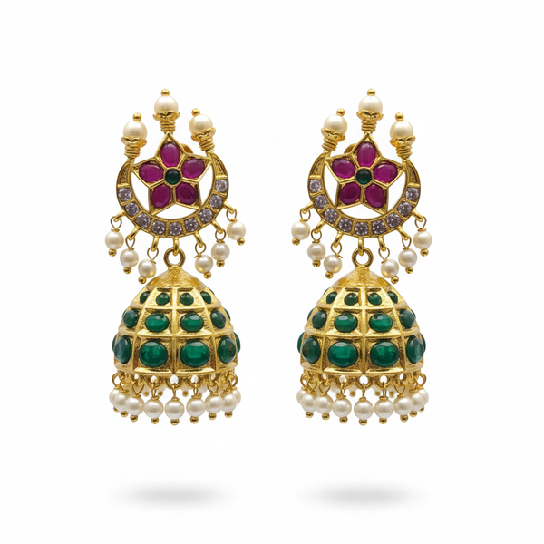 Kempu Emerald Dome Jhumka with Pearl Crown |