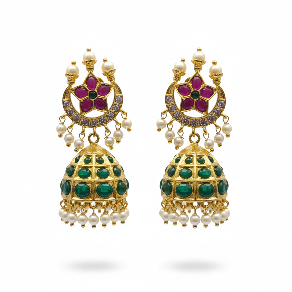 Kempu Emerald Dome Jhumka with Pearl Crown |