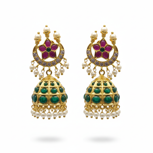 Kempu Emerald Dome Jhumka with Pearl Crown |