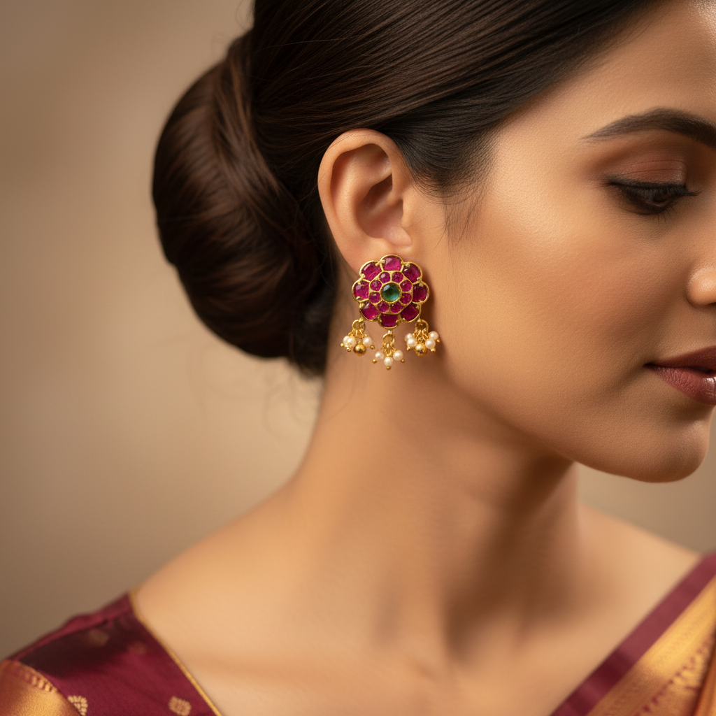 Kempu Flower Stud Earrings with Pearl Drops | 24K Gold Plated