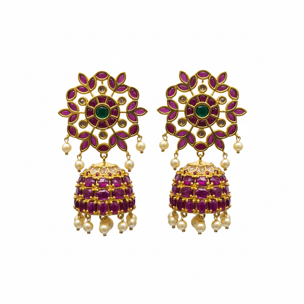 Kempu Kundan Jhumka Earrings | Floral Stud | Screw Back | Pearl Drop