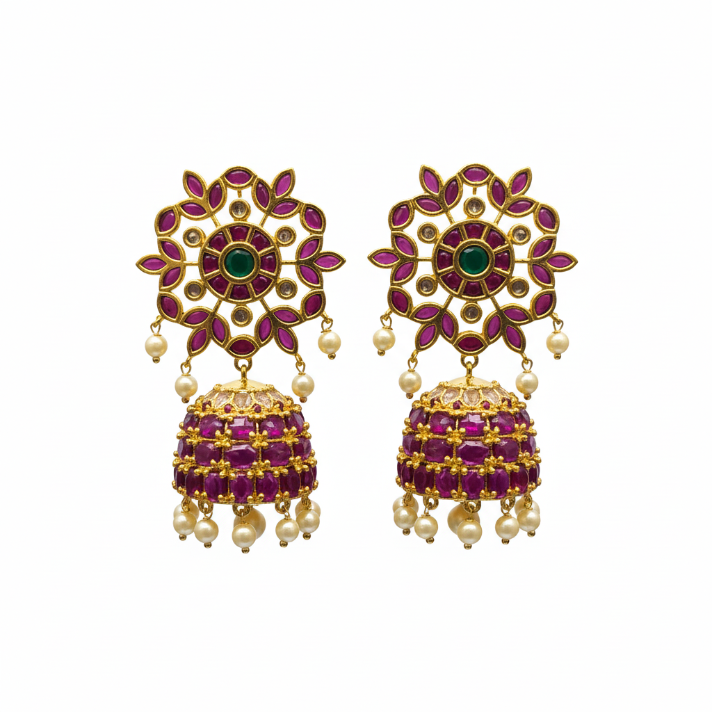 Kempu Kundan Jhumka Earrings | Floral Stud | Screw Back | Pearl Drop