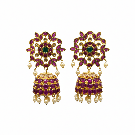 Kempu Kundan Jhumka Earrings | Floral Stud | Screw Back | Pearl Drop