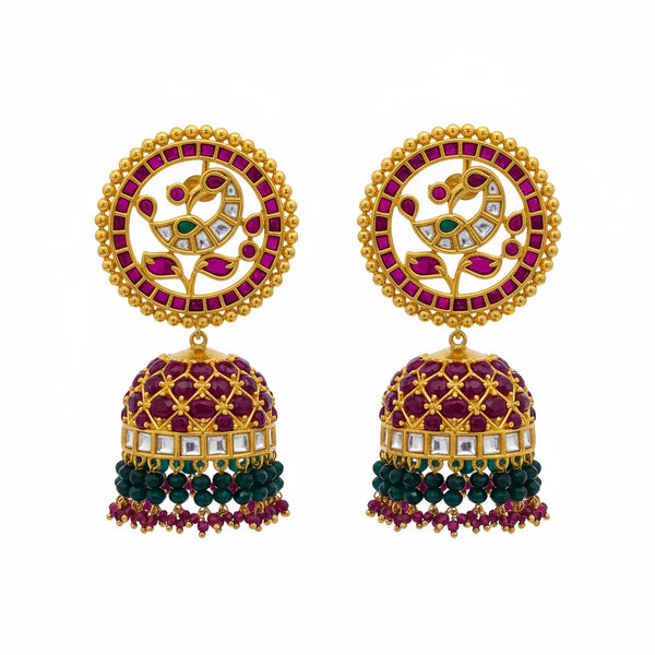 Kempu Kundan Peacock Jhumka | Circular Disc Stud | Screw Back