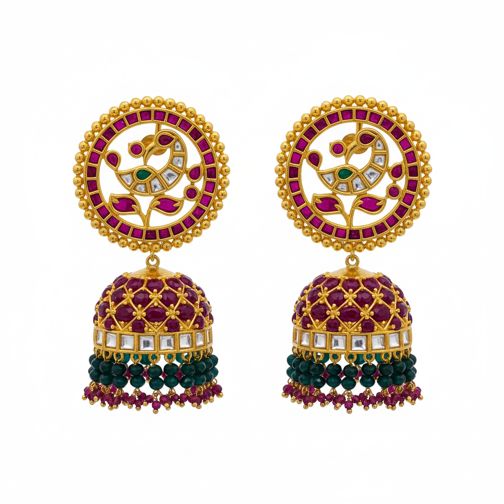 Kempu Kundan Peacock Jhumka | Circular Disc Stud | Screw Back