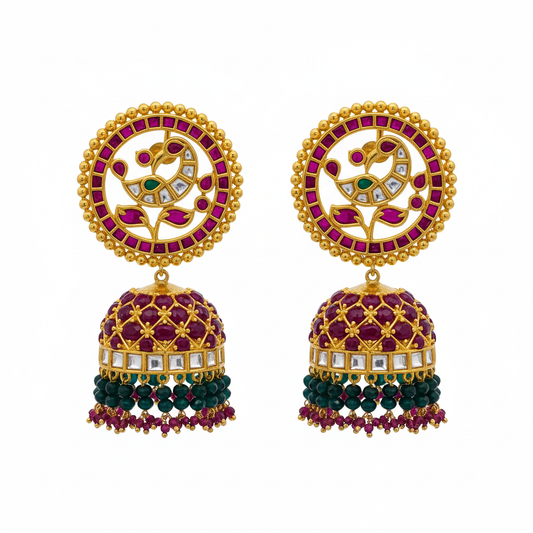 Kempu Kundan Peacock Jhumka | Circular Disc Stud | Screw Back