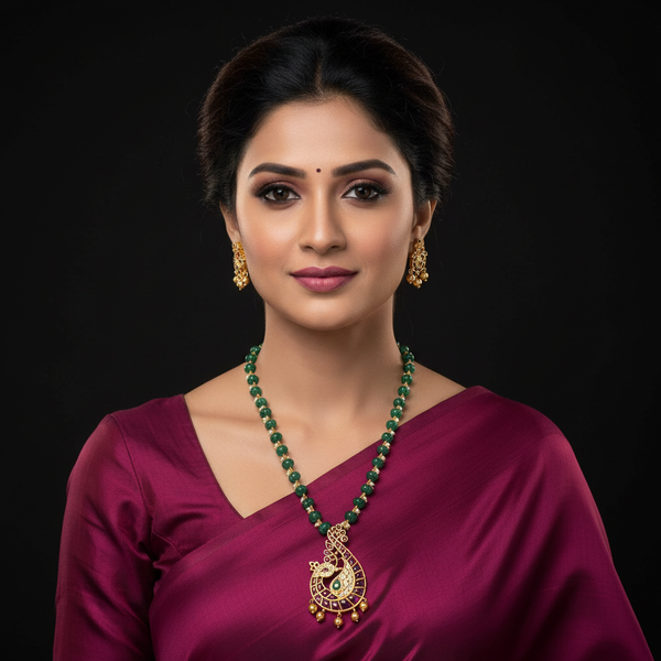 Kempu Kundan Pendant Set | Emerald Beads Necklace | Gold Plated Bridal Jewelry