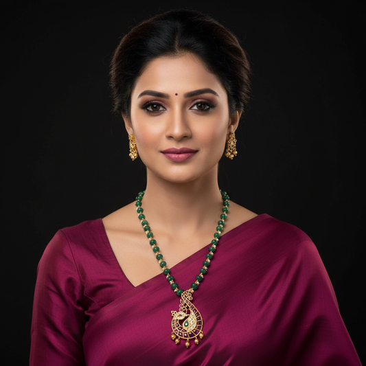 Kempu Kundan Pendant Set | Emerald Beads Necklace | Gold Plated Bridal Jewelry